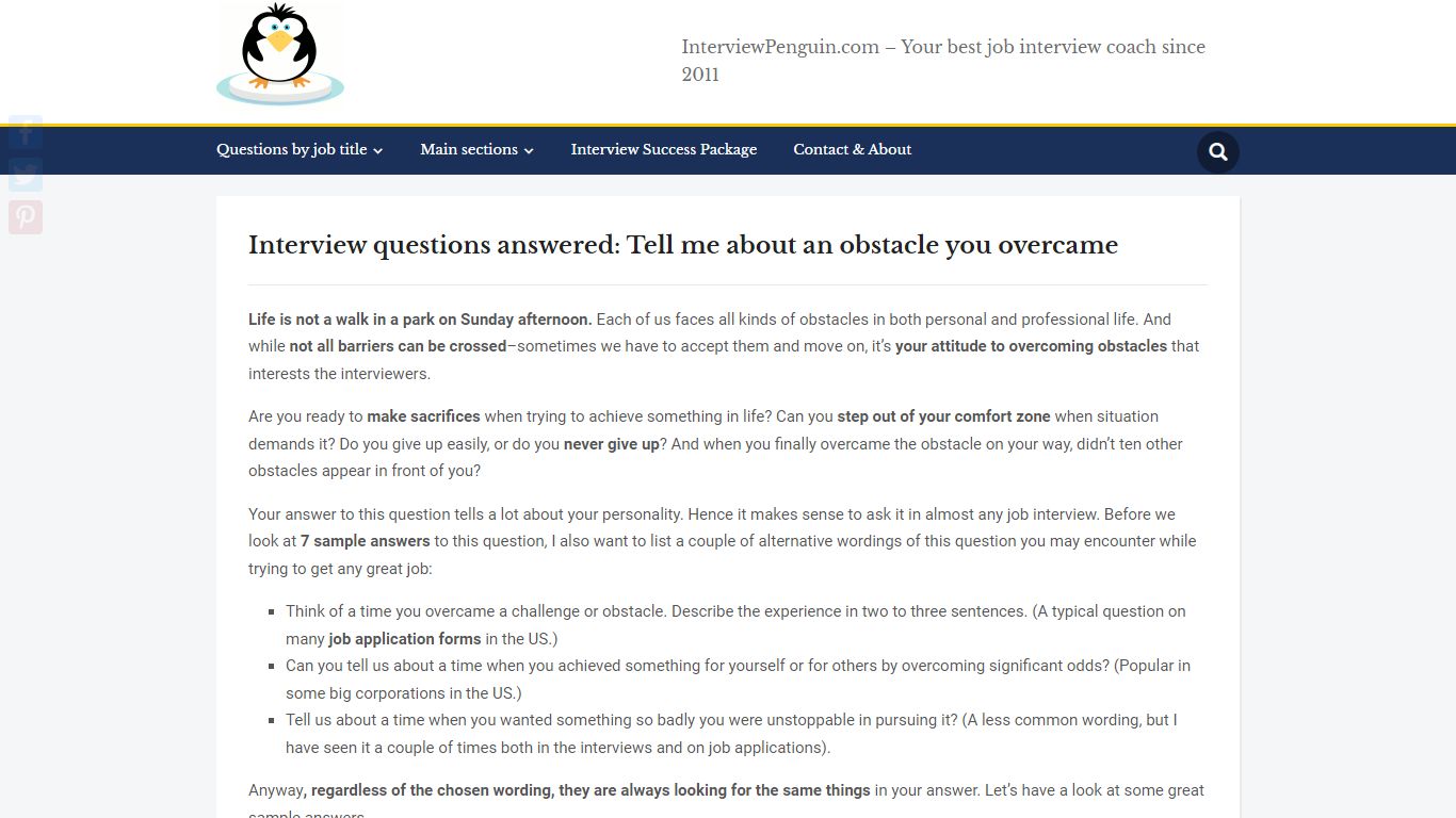 Tell me about an obstacle you overcame - 7 sample answers